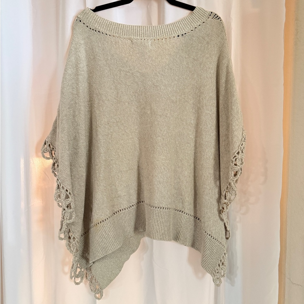 Vintage Kenar Crochet Poncho Sweater | 90s Boho Cotton Knit V-Neck - Picture 6 of 7